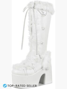 Knee High Platform Chunky Heel Goth Winter Snow Boots Lace Up Faux Fur Zipper